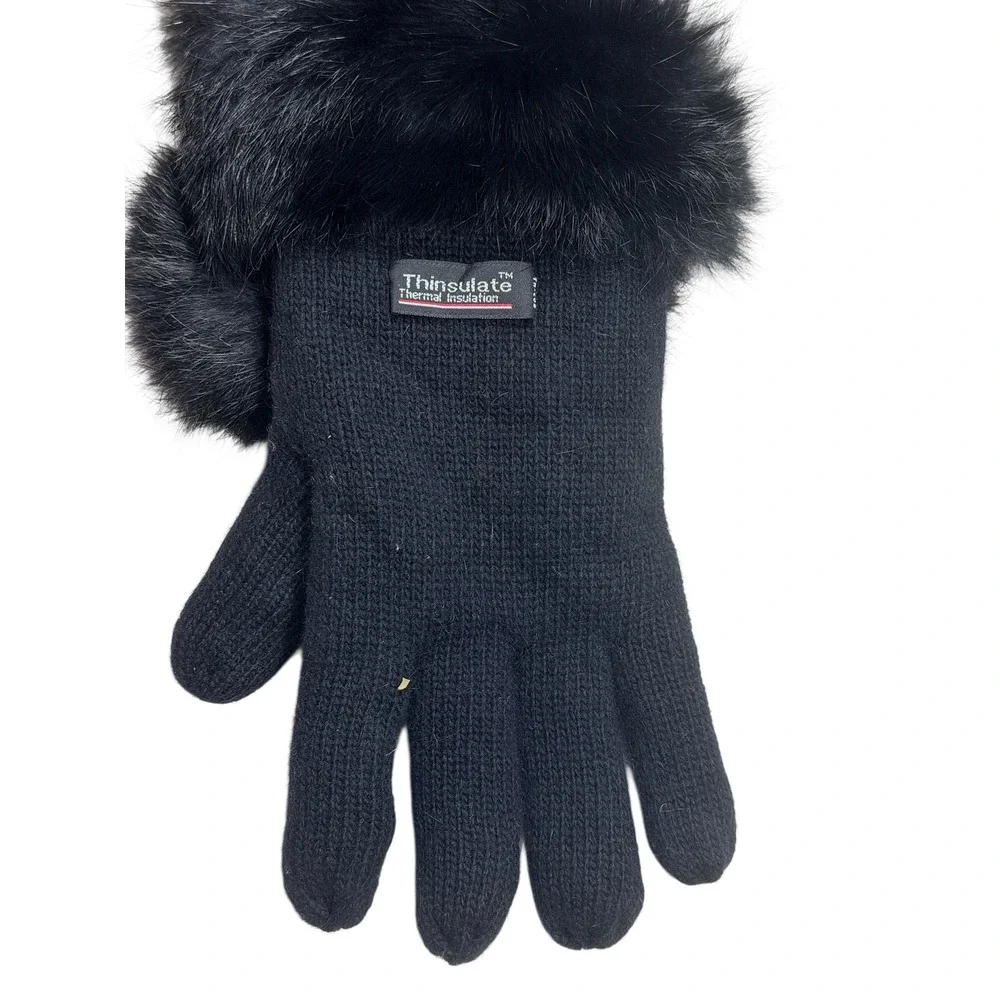 NEW Thinsulate Black Angora Knit Gloves with Faux Fur Trim Thermal Insulation
